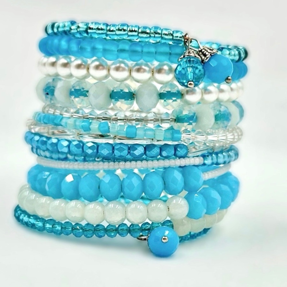 Blue beaded cuff bracelet, pearl bracelet, crystal bracelet, handmade jewelry